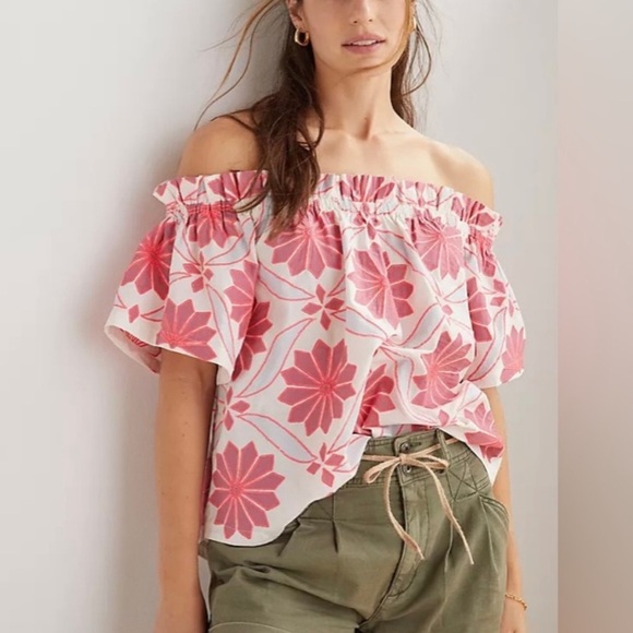 Anthropologie Maeve Pink and White Embroidered Off the Shoulder Top - Picture 1 of 10